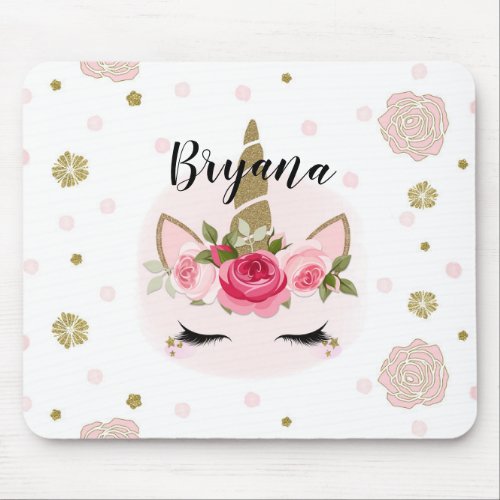 Gold  Pink Unicorn Flower Blooms Trendy Cute Mouse Pad