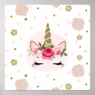 Gold & Pink Unicorn Flower Blooms Trendy Cute Poster