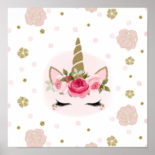 Gold  Pink Unicorn Flower Blooms Trendy Cute Poster