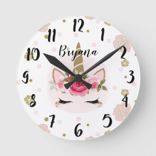 Gold  Pink Unicorn Flower Blooms Trendy Cute Round Clock