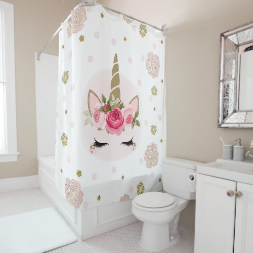 Gold  Pink Unicorn Flower Blooms Trendy Cute Shower Curtain