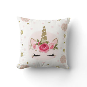 Gold & Pink Unicorn Flower Blooms Trendy Cute Throw Pillow
