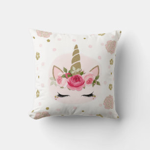 Gold & Pink Unicorn Flower Blooms Trendy Cute Throw Pillow