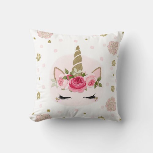 Gold  Pink Unicorn Flower Blooms Trendy Cute Throw Pillow