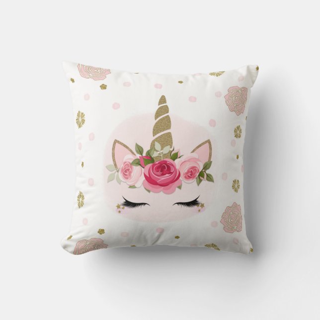 Gold & Pink Unicorn Flower Blooms Trendy Cute Throw Pillow (Front)