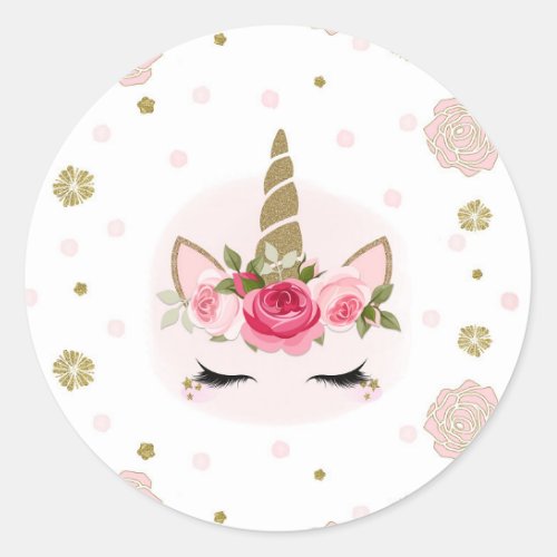 Gold  Pink Unicorn Flower Blooms Trendy Party Classic Round Sticker