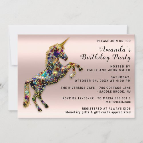 Gold Pink Unicorn Horse Birthday Blue Navy Invitat Invitation