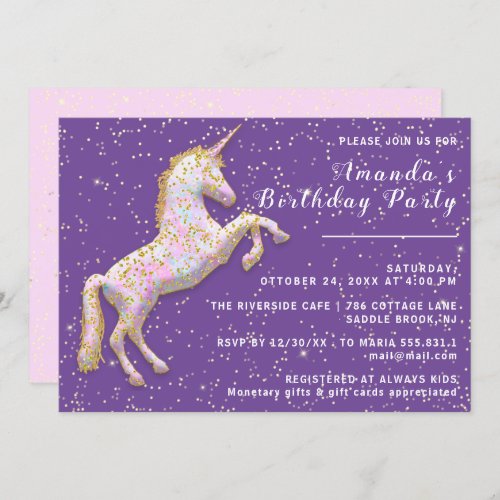 Gold Pink Unicorn Horse Birthday Confetti Purple Invitation