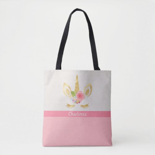 Gold  Pink Unicorn Personalized Tote Bag