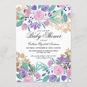 Gold Pink Violet Floral Watercolor Baby Shower Invitation