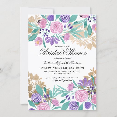 Gold Pink Violet Floral Watercolor Bridal Shower Invitation