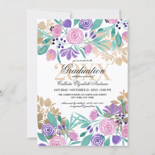 Gold Pink Violet Floral Watercolor Graduation Invitation