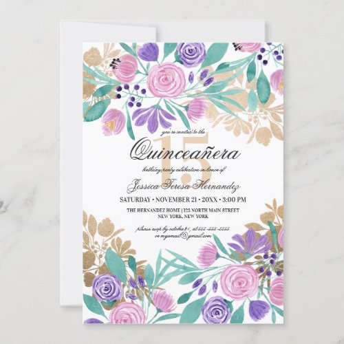 Gold Pink Violet Floral Watercolor Quinceaera Invitation