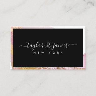 Gold Pink Watercolor Black Border Business Card