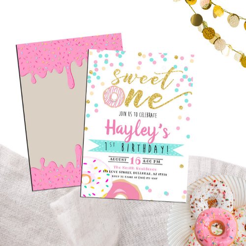 Gold Pink Watercolor Donut Sweet One 1st Birthday Invitation