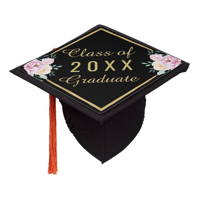 Gold Pink Watercolor Floral Graduate  Graduation Cap Topper (Angled)