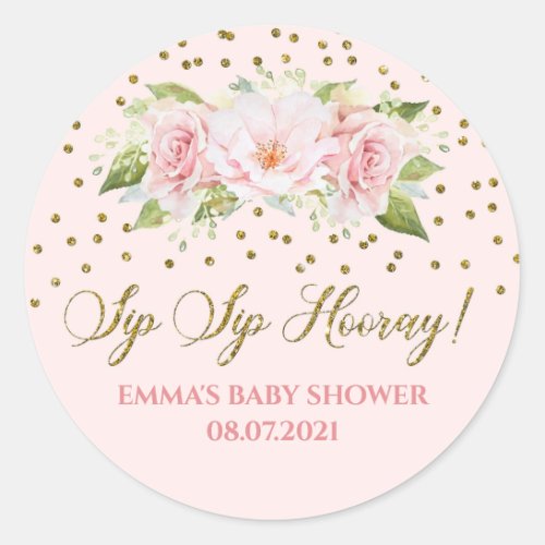Gold Pink Watercolor Flowers Sip Sip Hooray Classic Round Sticker