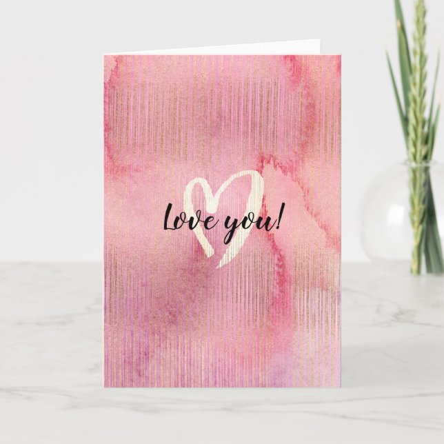 Gold Pink Watercolor Heart Love Card (Front)