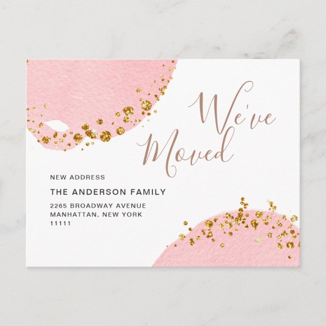 Gold Pink Watercolor Moving Announcement Postcard (Front)