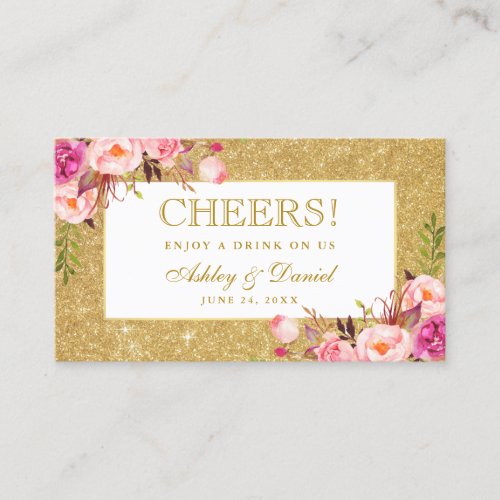 Gold Pink Wedding Reception Drink Ticket Card