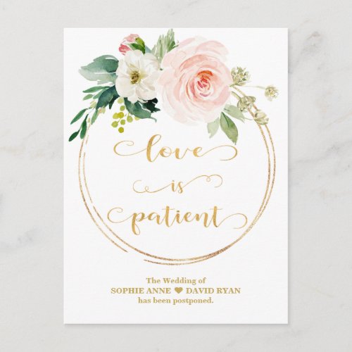 Gold Pink White Flowers Love Is Patient Wedding Postcard