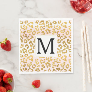 Gold Pink White Leopard Print Monogram Napkins