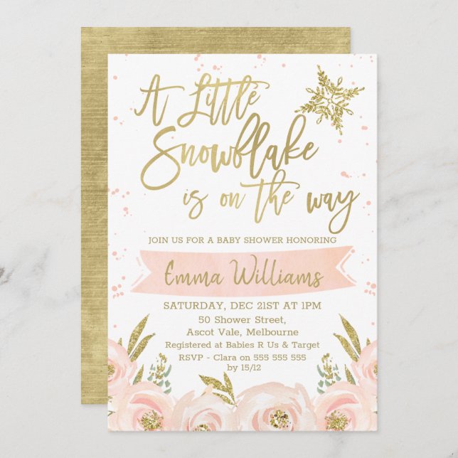 Gold Pink Winter Snowflake Baby Shower Invitation (Front/Back)