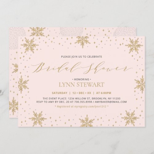 Gold  Pink Winter Snowflake Wedding Bridal Shower Invitation