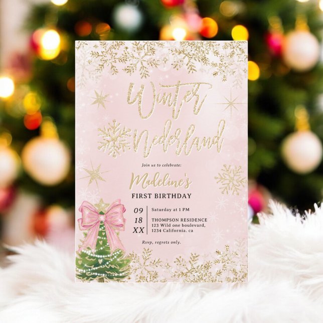Gold Pink Winter Wonderland First Birthday Party Invitation (Gold Pink Winter Wonderland First Birthday Party Invitation)