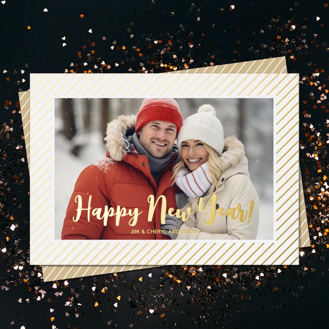 Gold Pinstripe Foil Happy New Year Holiday Card (REAL FOIL Gold Pinstripes Happy New Year Holiday Cards)