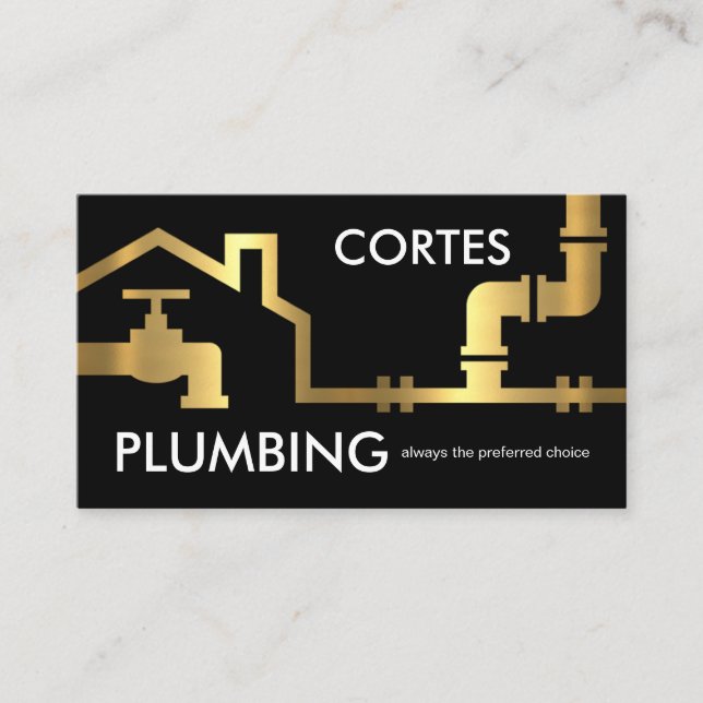 Gold Pipes Building Frame Plumber Service Business Card (Front)