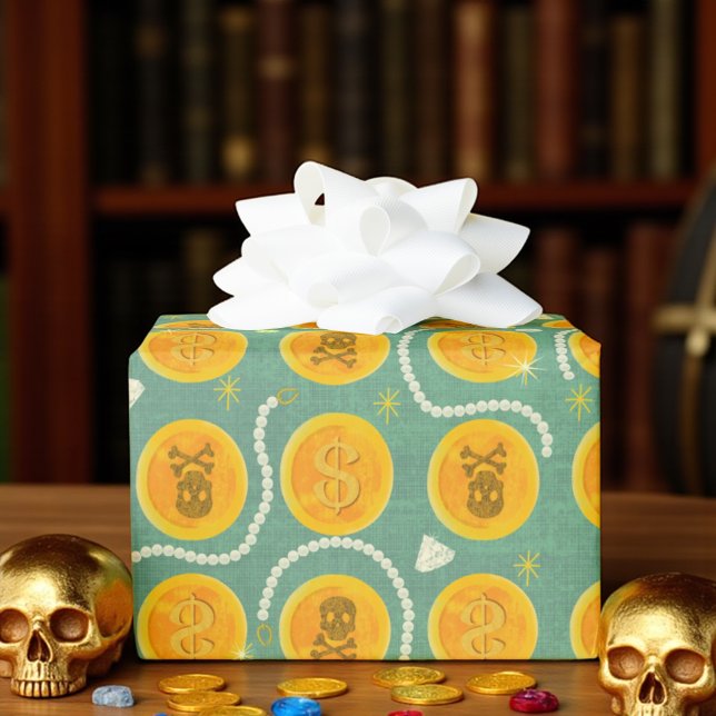 Gold Pirate Coin Treasure  Wrapping Paper (Gold pirate coin gift wrap with pearls and gems, perfect for kids’ pirate parties and treasure hunts)
