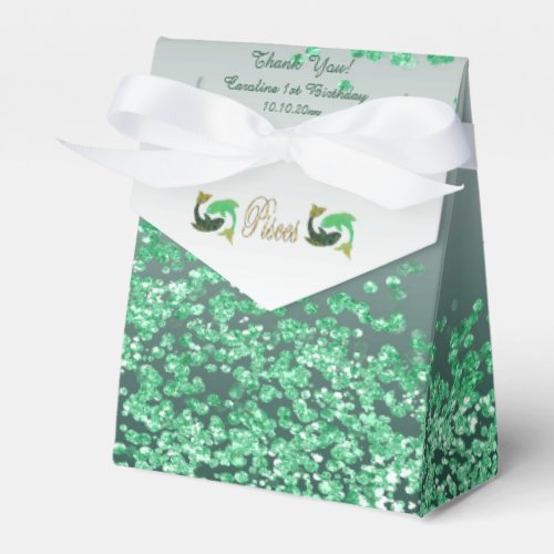 Gold Pisces  Green Glitter Birthday Favor Boxes
