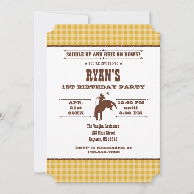 Gold Plaid Cowboy Rodeo Birthday Invitation (Front)