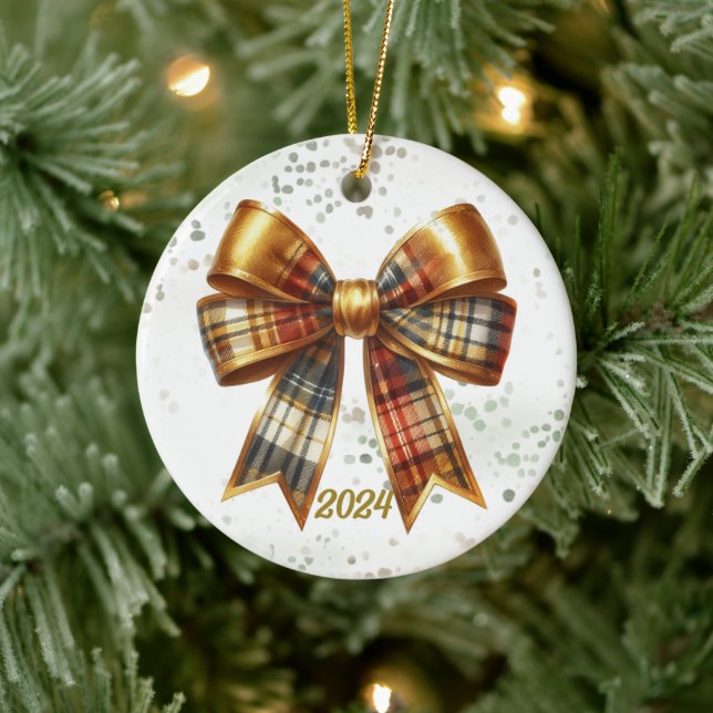  Gold Plaid Holiday Bow Year Accent Ceramic Ornament (Tree)