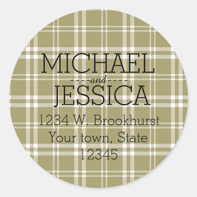 Gold Plaid Personalized name and address Classic Round Sticker (Front)