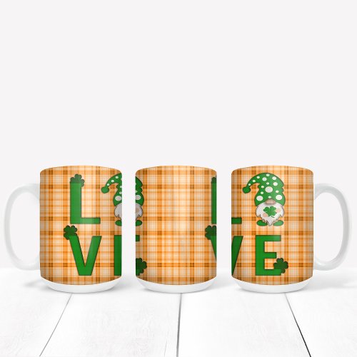 Gold Plaid St Patricks Day LOVE Gnome Shamrock Two_Tone Coffee Mug