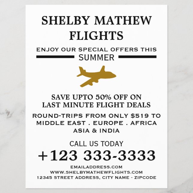 Gold Plane Icon, Airline Advertising Flyer (Front)
