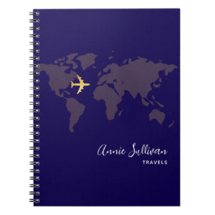 Gold Plane Travels Blue Notebook