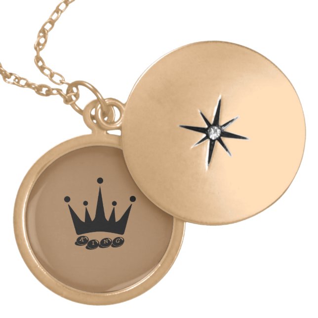 Gold Plated Metal Round Locket Crown King Necklace (Front)