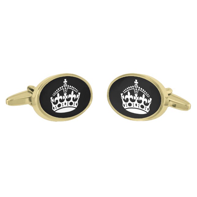 Gold plated oval cufflinks with royal crown logo (Angled)