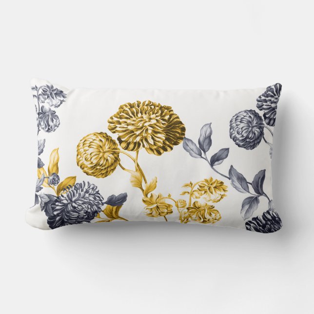 Gold & Platinum Modern Botanical Floral Toile Lumbar Pillow (Front)