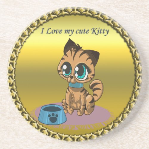 Gold playful fluffy cute kitten with cat eyes coaster