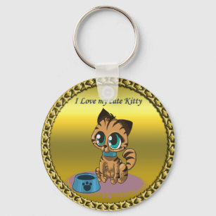 Gold playful fluffy cute kitten with cat eyes keychain