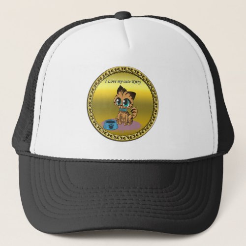 Gold playful fluffy cute kitten with cat eyes trucker hat