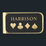 Gold Playing Card Suits Monogrammed Finish Money Clip<br><div class="desc">Use this handsome personalized money clip with stately gold playing card suits to stash your roll during tournament time,  or as a winner's prize. Text is fully editable to any card game quote or name.</div>