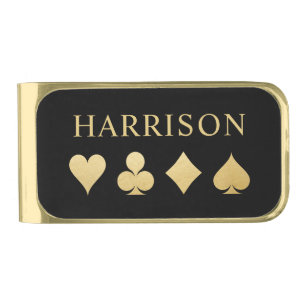Gold Playing Card Suits Monogrammed Finish Money Clip