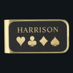 Gold Playing Card Suits Monogrammed Gold Finish Money Clip<br><div class="desc">Use this handsome personalized money clip with stately gold playing card suits to stash your roll during tournament time,  or as a winner's prize. Text is fully editable to any card game quote or name.</div>