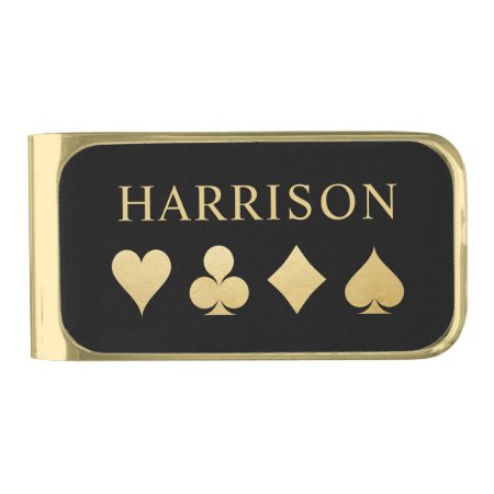 Gold Playing Card Suits Monogrammed Gold Finish Money Clip