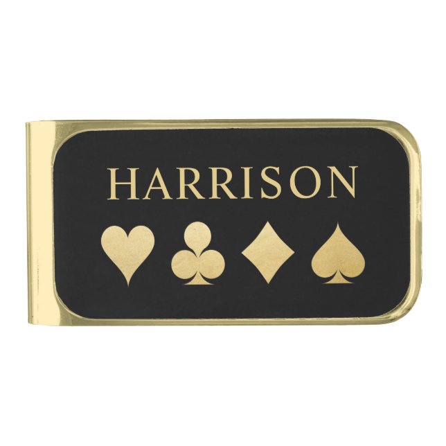 Gold Playing Card Suits Monogrammed Gold Finish Money Clip (Front)